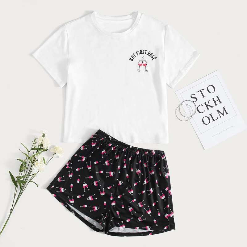 

Red Wine Glass Print Pajama Set, Black and white