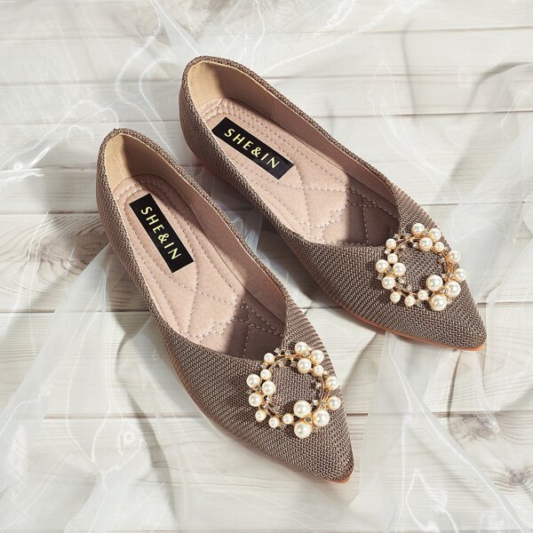 

Faux Pearl Decor Slip On Flats, Coffee brown