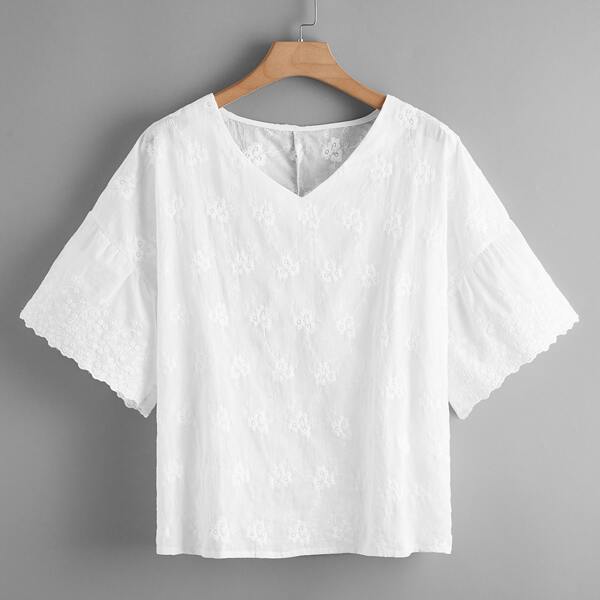 

Блузка размера плюс с v-образным вырезом и цветочной вышивкой, Белый