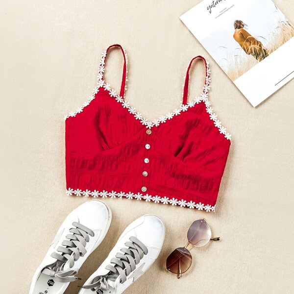 

Guipure Lace Button Front Cami Top, Red