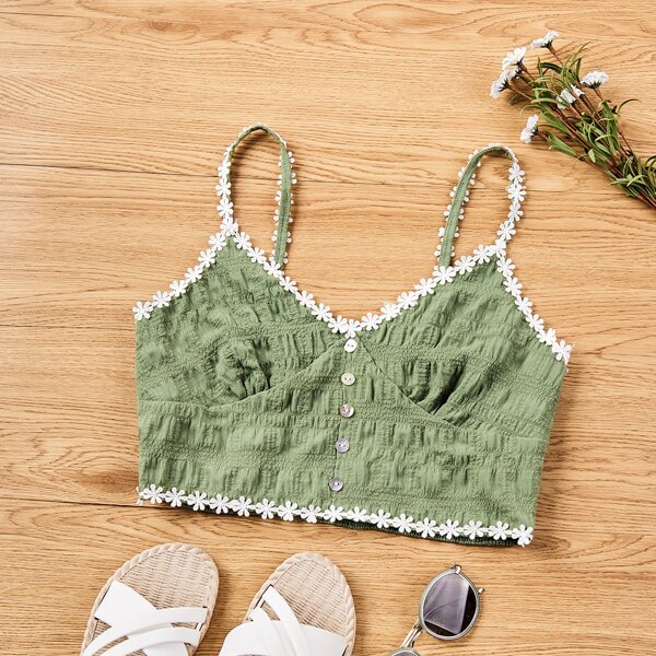 

Guipure Lace Button Front Cami Top, Army green
