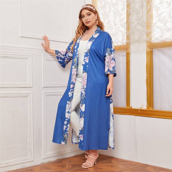 

Plus Floral Belted Longline Kimono, Blue