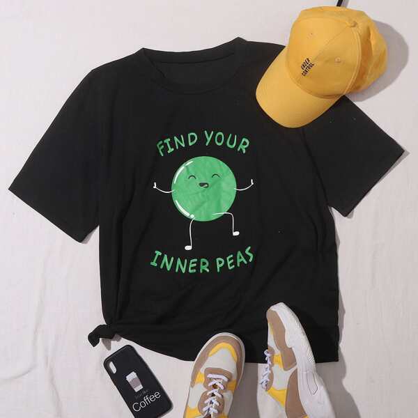 

Plus Slogan & Cartoon Graphic Tee, Black