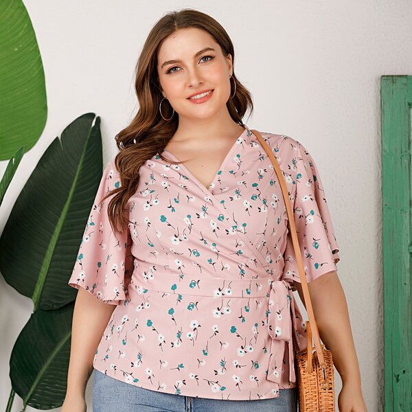 

Plus Floral Print Knot Side Wrap Blouse, Baby pink