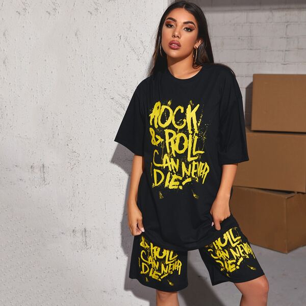

Slogan Graphic Oversized Longline Tee, Black
