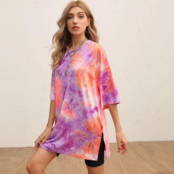 

Slit Hem Tie Dye Oversized Tee, Multicolor