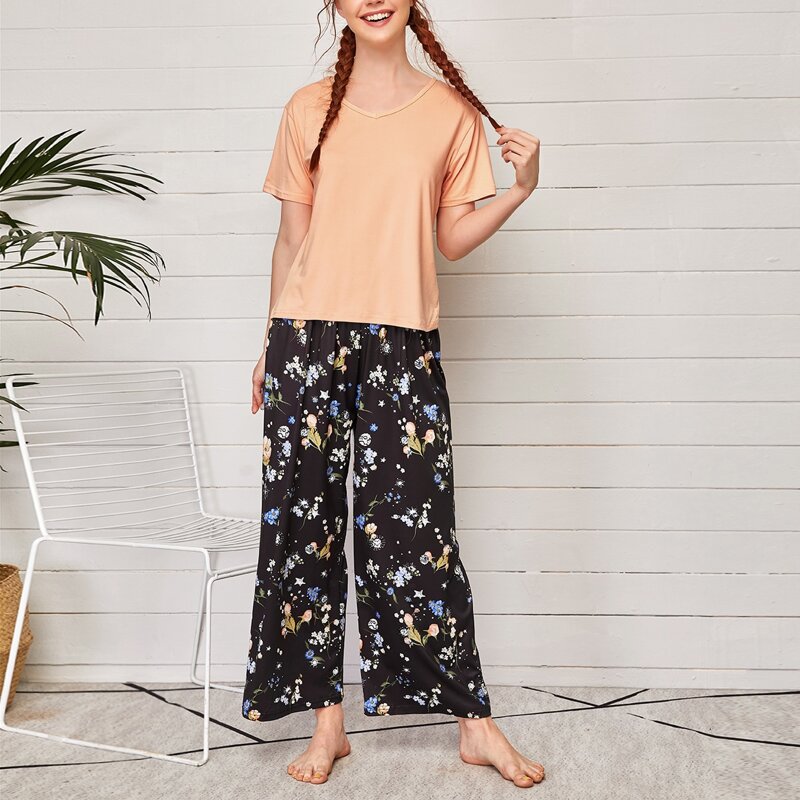 

Floral Print V-neck PJ Set, Multicolor