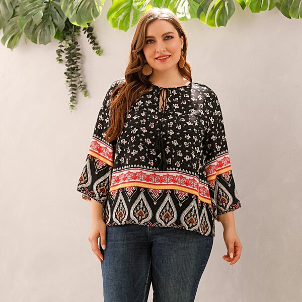 

Plus Tassel Detail Tie Neck Ditsy Floral & Tribal Top, Black
