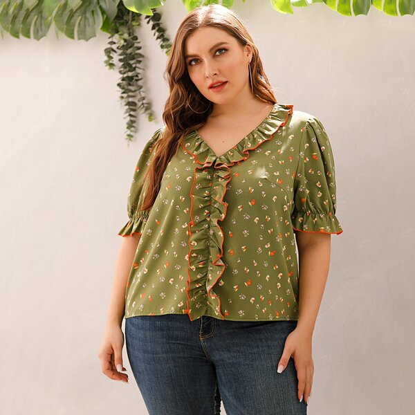 

Plus Ruffle Trim Puff Sleeve Ditsy Floral Top, Olive green