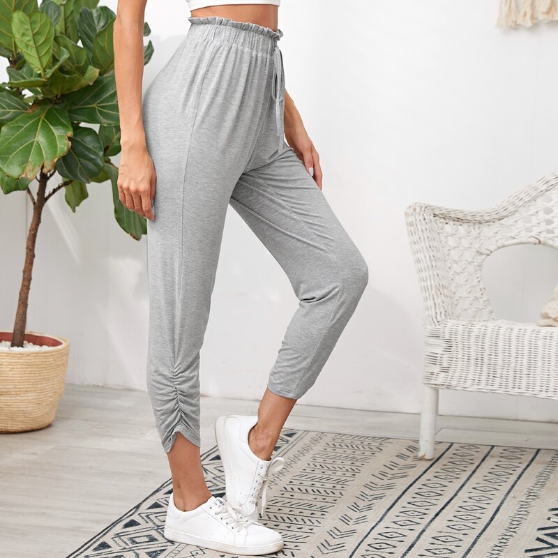 

Knotted Paperbag Waist Ruched Hem Pants, Light grey