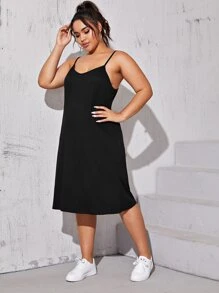 Calvaya 大碼素色中長吊帶洋裝 - 黑色 - 查看 4