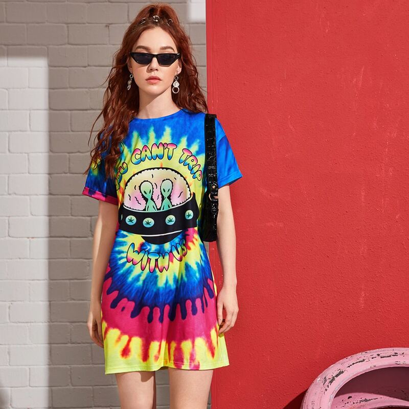 

Slogan and Alien Print Tie Dye Dress, Multicolor