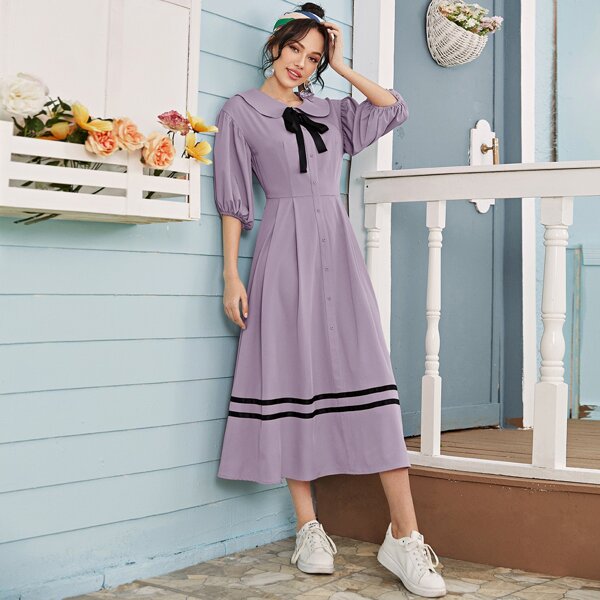 

Peter Pan Collar Tie Neck Buttoned Front Striped Detail Dress, Lilac purple