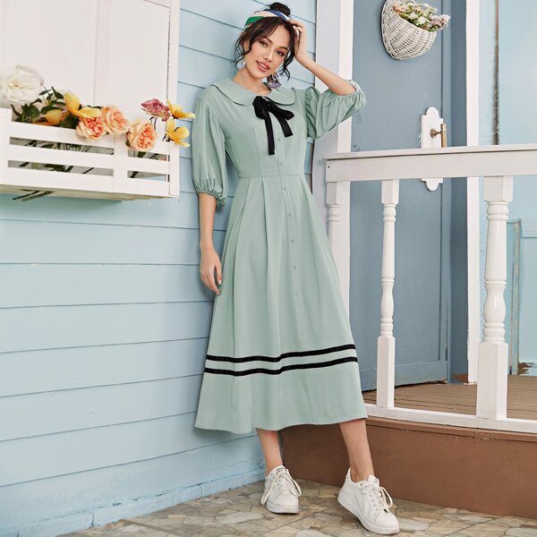 

Peter Pan Collar Tie Neck Buttoned Front Striped Detail Dress, Mint green