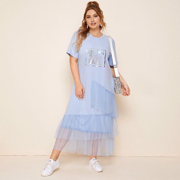 

Plus Mesh Panel Letter Graphic Smock Dress, Baby blue