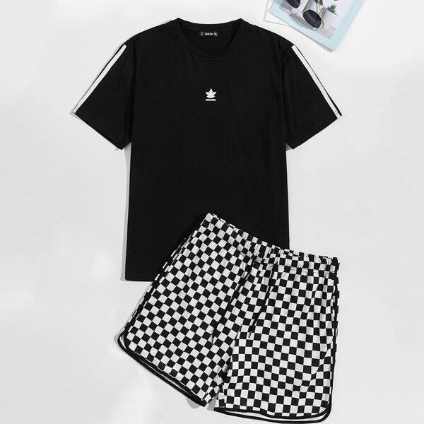 

Men Striped Tape Side Tee & Checkered Dolphin Shorts Set, Black and white