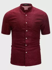 Manfinity Homme 男士滿版圖案襯衫 - 酒紅色 - 查看 1