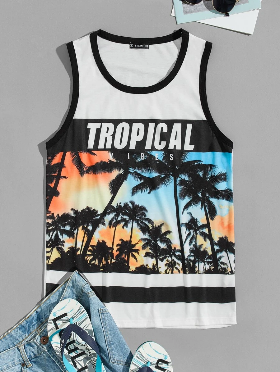 Manfinity Chillmode Men Tropical Vibes Graphic Tank Top - White - View 1