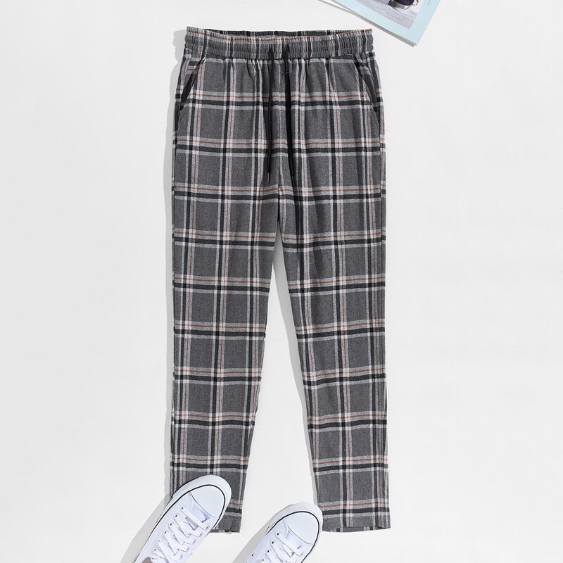 

Guys Drawstring Waist Plaid Pants, Grey