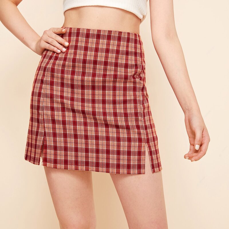 

Plaid Split Hem Mini Skirt, Red