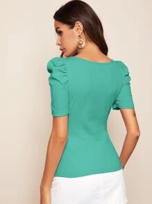 SHEIN Privé Scoop Neck Puff Sleeve Rib-knit Top - Green - View 2