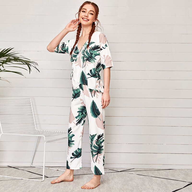 

Tropical Print Tie Side Wrap Top & Pants PJ Set, Multicolor