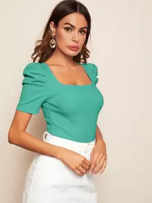 SHEIN Privé Scoop Neck Puff Sleeve Rib-knit Top - Green - View 3