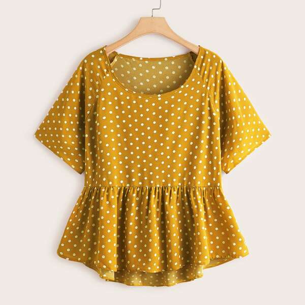 

Plus Polka Dot Print Ruffle Hem Blouse, Ginger