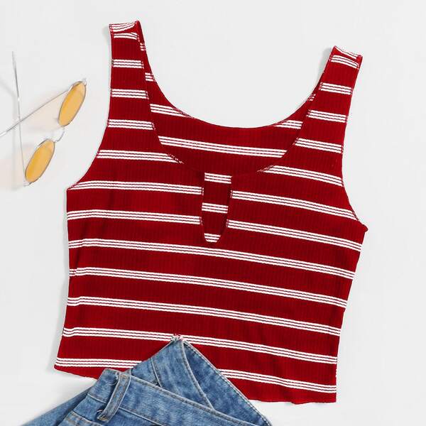

Notched Neck Striped Tank Top, Burgundy