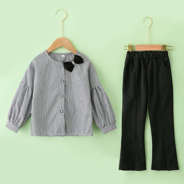 

Girls Stripe Print Bow Shirt With Seam Detail Pants, Multicolor