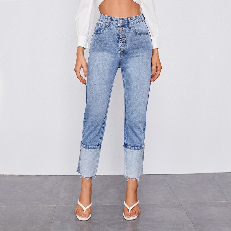 

Light Wash Raw Roll Hem Button Fly Jeans