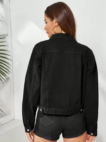 SHEIN Essnce Solid Button Through Flap Pocket Denim Jacket - Black - View 2