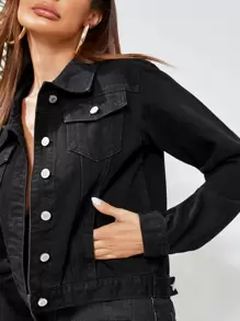 SHEIN Essnce Solid Button Through Flap Pocket Denim Jacket - Black - View 4
