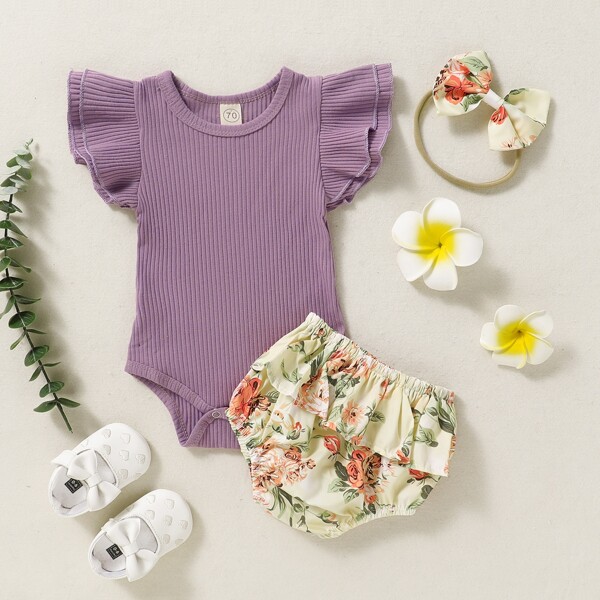 

Baby Girl Ruffle Trim Bodysuit & Floral Shorts & Headband, Multicolor