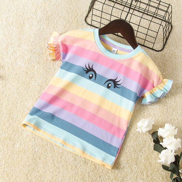 

Toddler Girls Eyes Print Colorful Striped Tee, Multicolor