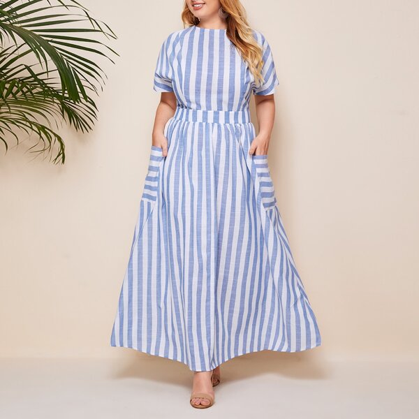 

Plus Striped Cutout Maxi Dress, Blue and white