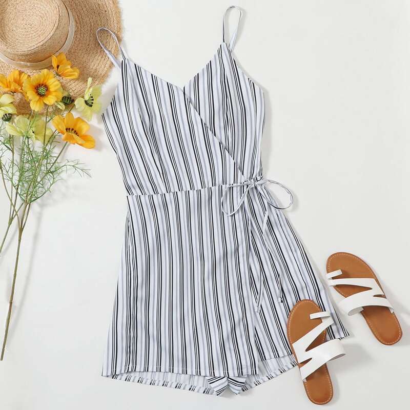

Striped Self Tie Cami Romper, Multicolor