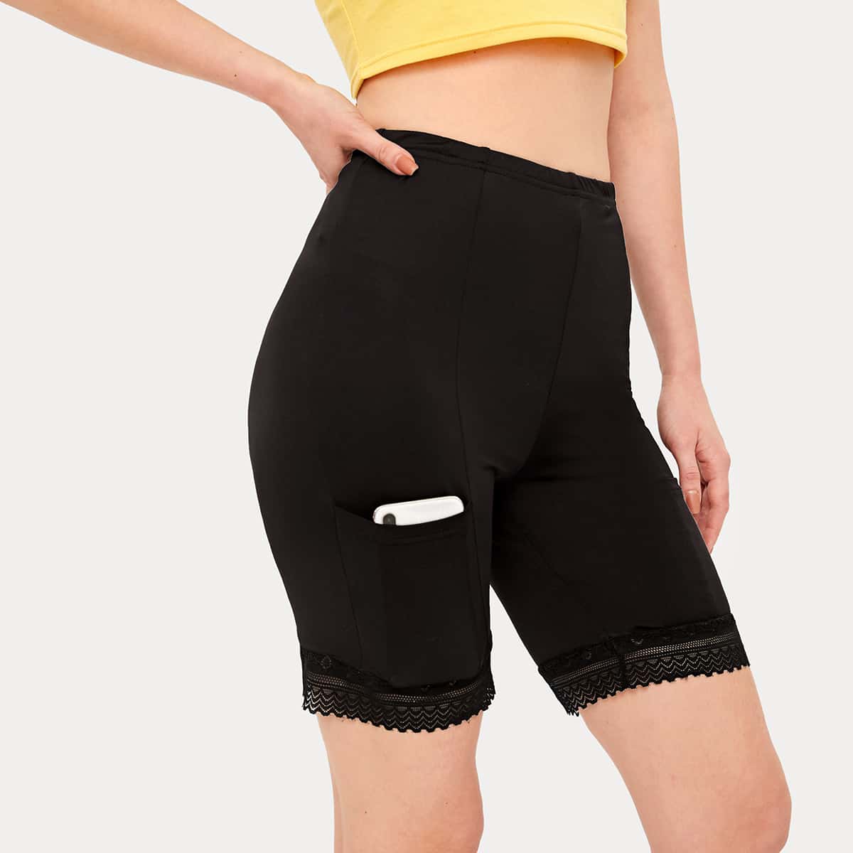 

Lace Trim Pocket Biker Shorts, Black