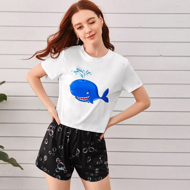 

Cartoon Whale Tee With Bubble Print Shorts Pajama Set, Multicolor