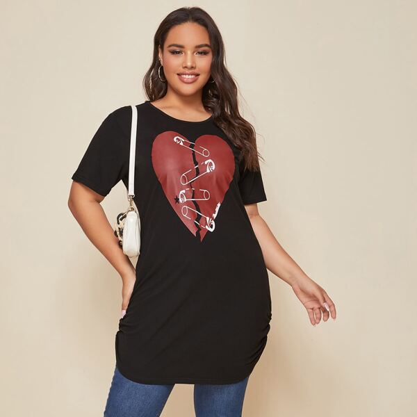 

Plus Heart Print Ruched Side Longline Tee, Black