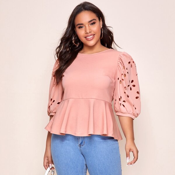 

Plus Laser Cut Puff Sleeve Peplum Top, Baby pink