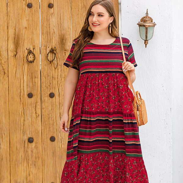 

Plus Floral Striped Smock Dress, Burgundy