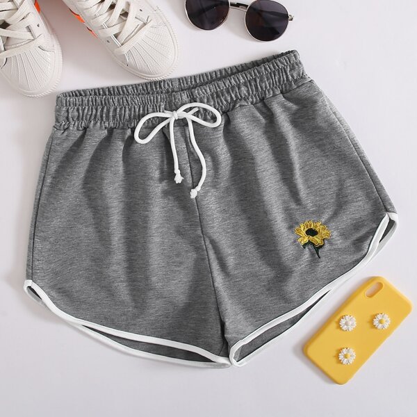 

Sunflower Embroidered Drawstring Waist Shorts, Grey