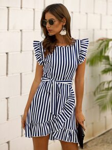 SHEIN LUNE Vestido con cinturón bajo fruncido cruzado de rayas - Azul y blanco - Ver 1