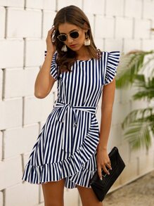 SHEIN LUNE Vestido con cinturón bajo fruncido cruzado de rayas - Azul y blanco - Ver 4