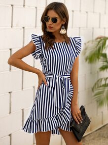 SHEIN LUNE Vestido con cinturón bajo fruncido cruzado de rayas - Azul y blanco - Ver 5