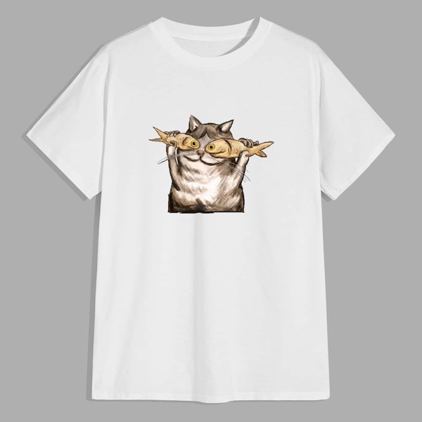 

Men Cat And Fish Print Tee, White