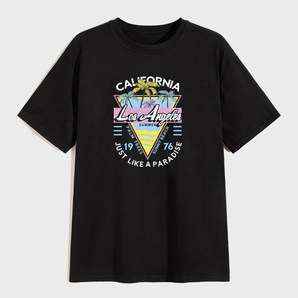 

Men Tropical & Letter Graphic Tee, Black
