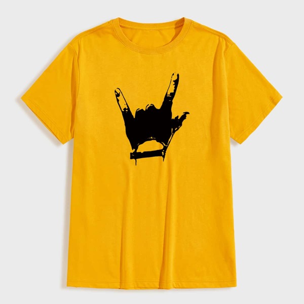 

Men Gesture Print Round Neck Tee, Yellow