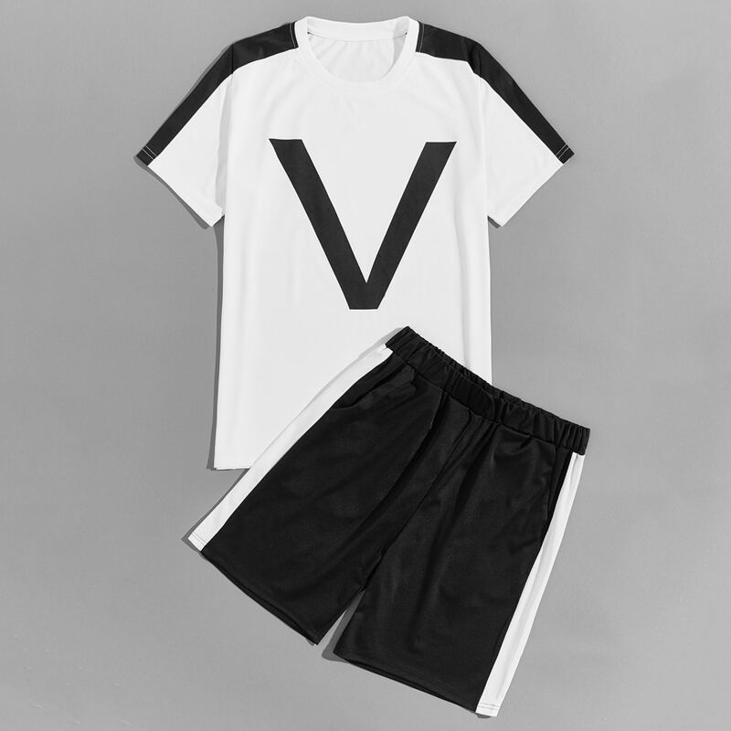 

Guys Contrast Panel Letter Graphic Tee & Shorts, Black and white